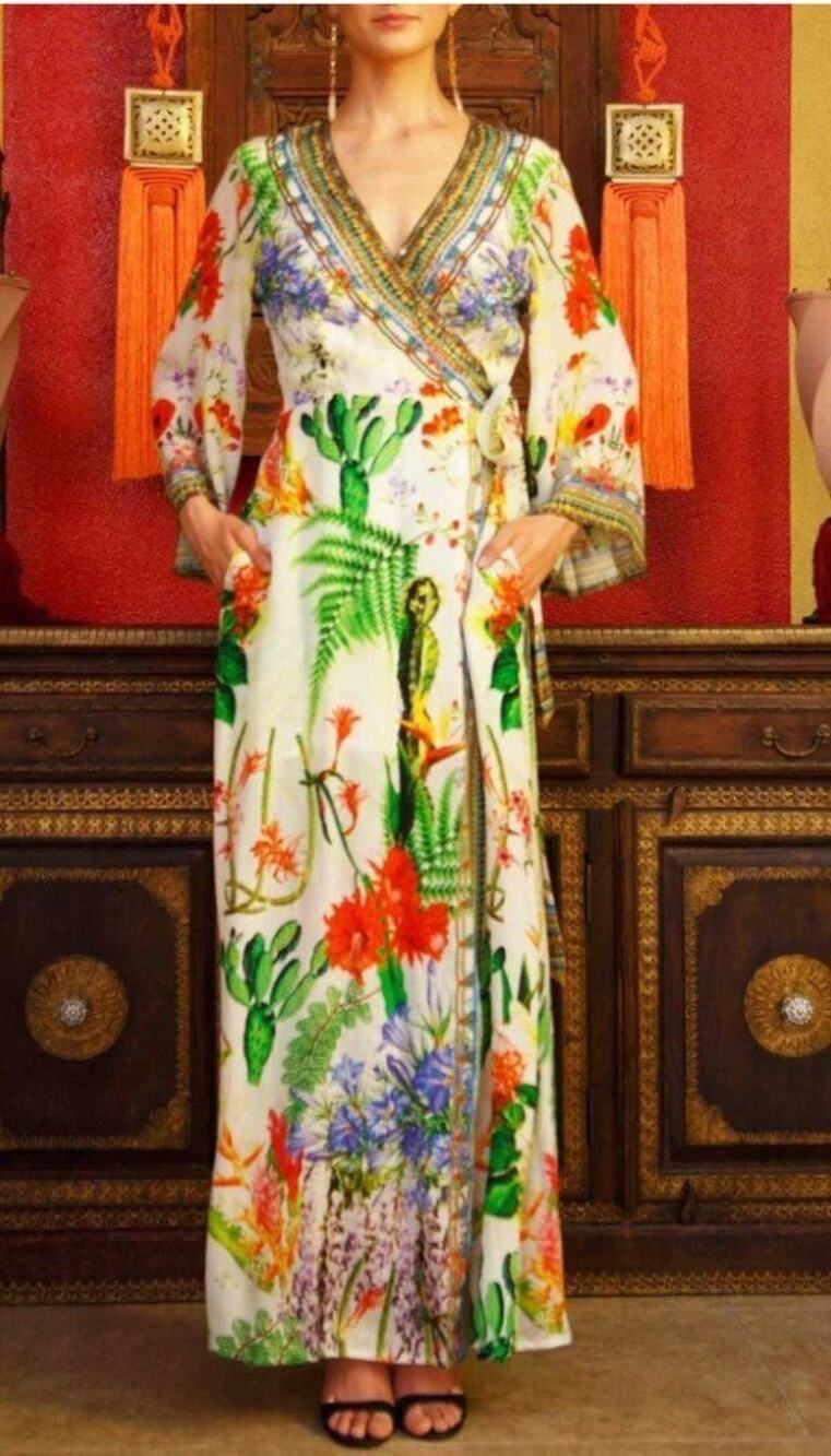 SHAHIDA PARIDES Sz S M Green Envy Desert Bloom Long Bell Sleeve Wrap Dress NWT